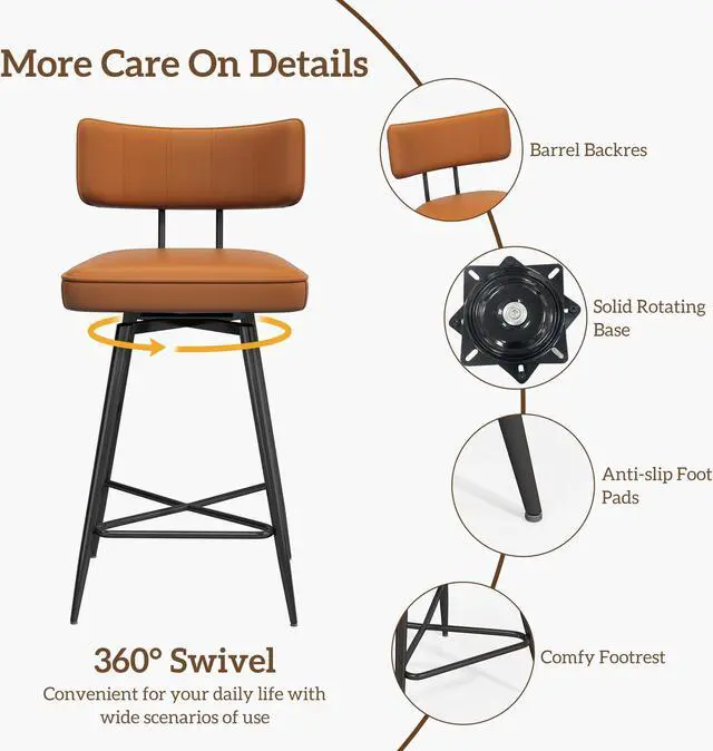 Alt view image 5 of 7 - Ninecer 26" Swivel Bar Stools Set of 2, Modern Counter Height Barstools, Pu Leather Kitchen Stools with Back Footrest Metal Legs, Bar Chairs for Kitchen Island, Cafes, Dining Room,Brown