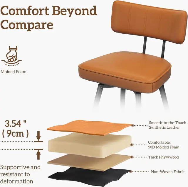 Alt view image 4 of 7 - Ninecer 26" Swivel Bar Stools Set of 2, Modern Counter Height Barstools, Pu Leather Kitchen Stools with Back Footrest Metal Legs, Bar Chairs for Kitchen Island, Cafes, Dining Room,Brown