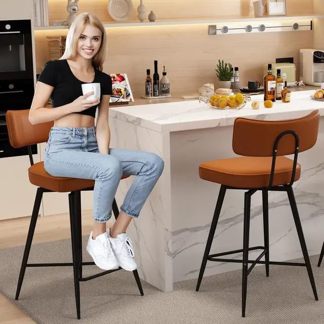 Alt view image 6 of 7 - Ninecer 26" Swivel Bar Stools Set of 2, Modern Counter Height Barstools, Pu Leather Kitchen Stools with Back Footrest Metal Legs, Bar Chairs for Kitchen Island, Cafes, Dining Room,Brown