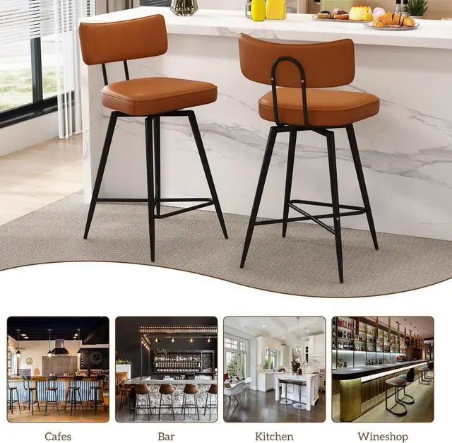 Alt view image 7 of 7 - Ninecer 26" Swivel Bar Stools Set of 2, Modern Counter Height Barstools, Pu Leather Kitchen Stools with Back Footrest Metal Legs, Bar Chairs for Kitchen Island, Cafes, Dining Room,Brown