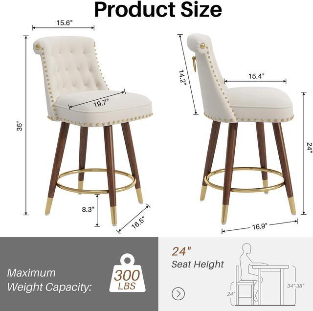 Alt view image 5 of 7 - Ninecer Counter Height Bar Stools, 360° Swivel Bar Stools Set of 2, Upholstered Barstools with Back and Footrest for Kitchen Island, 24" H Seat Height, Solid Wood Legs, Velvet Fabric in White
