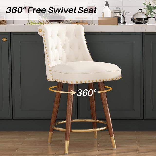 Alt view image 3 of 7 - Ninecer Counter Height Bar Stools, 360° Swivel Bar Stools Set of 2, Upholstered Barstools with Back and Footrest for Kitchen Island, 24" H Seat Height, Solid Wood Legs, Velvet Fabric in White