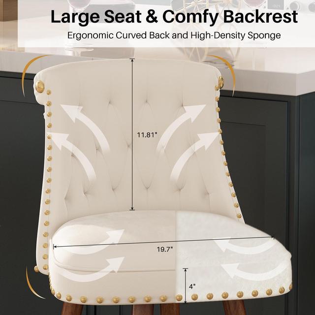 Alt view image 6 of 7 - Ninecer Counter Height Bar Stools, 360° Swivel Bar Stools Set of 2, Upholstered Barstools with Back and Footrest for Kitchen Island, 24" H Seat Height, Solid Wood Legs, Velvet Fabric in White