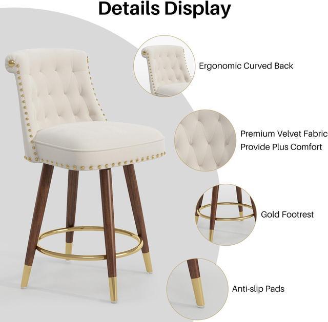 Alt view image 4 of 7 - Ninecer Counter Height Bar Stools, 360° Swivel Bar Stools Set of 2, Upholstered Barstools with Back and Footrest for Kitchen Island, 24" H Seat Height, Solid Wood Legs, Velvet Fabric in White