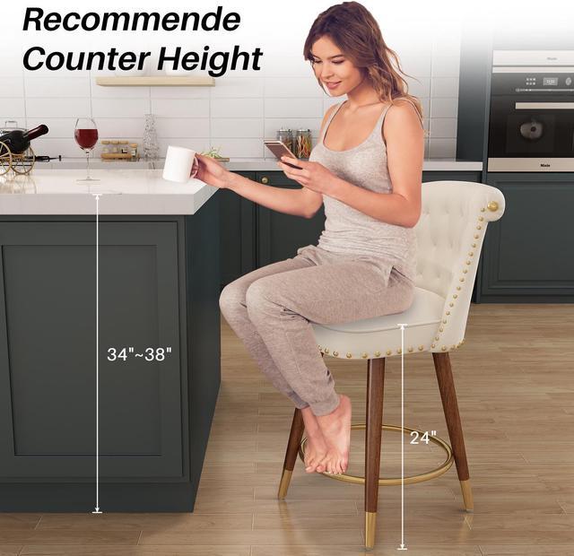 Alt view image 7 of 7 - Ninecer Counter Height Bar Stools, 360° Swivel Bar Stools Set of 2, Upholstered Barstools with Back and Footrest for Kitchen Island, 24" H Seat Height, Solid Wood Legs, Velvet Fabric in White