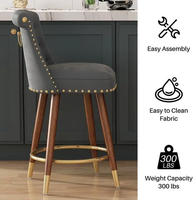 Alt view image 2 of 7 - Ninecer Counter Height Bar Stools, 360° Swivel Bar Stools Set of 2, Upholstered Barstools with Back and Footrest for Kitchen Island, 24" H Seat Height, Solid Wood Legs, Velvet Fabric in Gray