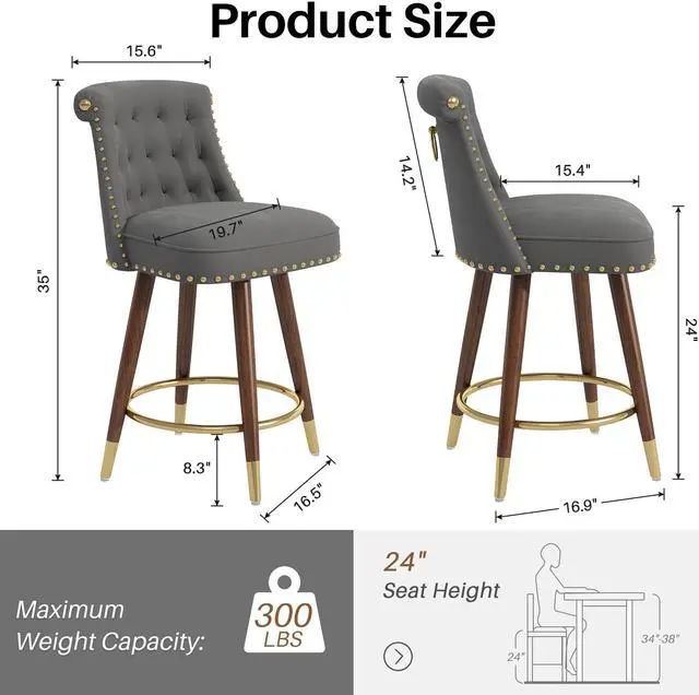 Alt view image 5 of 7 - Ninecer Counter Height Bar Stools, 360° Swivel Bar Stools Set of 2, Upholstered Barstools with Back and Footrest for Kitchen Island, 24" H Seat Height, Solid Wood Legs, Velvet Fabric in Gray