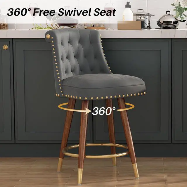 Alt view image 3 of 7 - Ninecer Counter Height Bar Stools, 360° Swivel Bar Stools Set of 2, Upholstered Barstools with Back and Footrest for Kitchen Island, 24" H Seat Height, Solid Wood Legs, Velvet Fabric in Gray