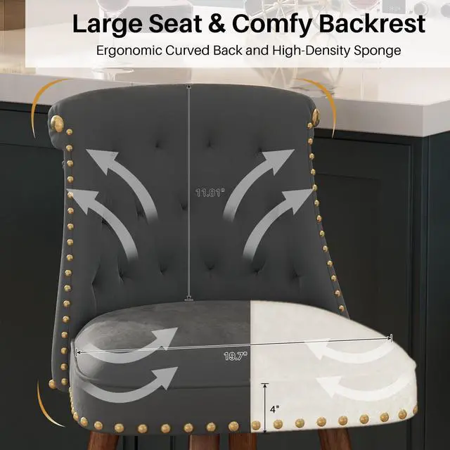 Alt view image 6 of 7 - Ninecer Counter Height Bar Stools, 360° Swivel Bar Stools Set of 2, Upholstered Barstools with Back and Footrest for Kitchen Island, 24" H Seat Height, Solid Wood Legs, Velvet Fabric in Gray