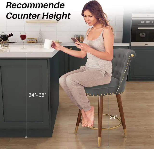 Alt view image 7 of 7 - Ninecer Counter Height Bar Stools, 360° Swivel Bar Stools Set of 2, Upholstered Barstools with Back and Footrest for Kitchen Island, 24" H Seat Height, Solid Wood Legs, Velvet Fabric in Gray