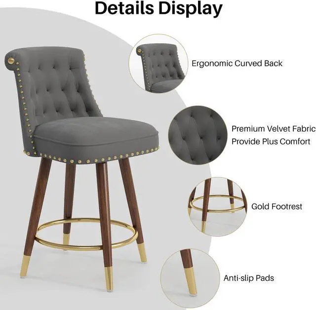 Alt view image 4 of 7 - Ninecer Counter Height Bar Stools, 360° Swivel Bar Stools Set of 2, Upholstered Barstools with Back and Footrest for Kitchen Island, 24" H Seat Height, Solid Wood Legs, Velvet Fabric in Gray