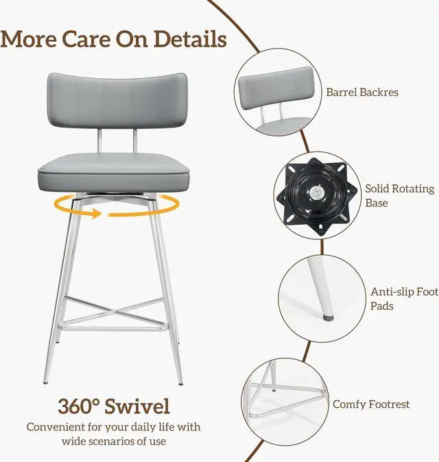 Alt view image 2 of 7 - Ninecer 26" Swivel Bar Stools Set of 2, Modern Counter Height Barstools, Pu Leather Kitchen Stools with Back Footrest Metal Legs, Bar Chairs for Kitchen Island, Cafes, Dining Room,Gray