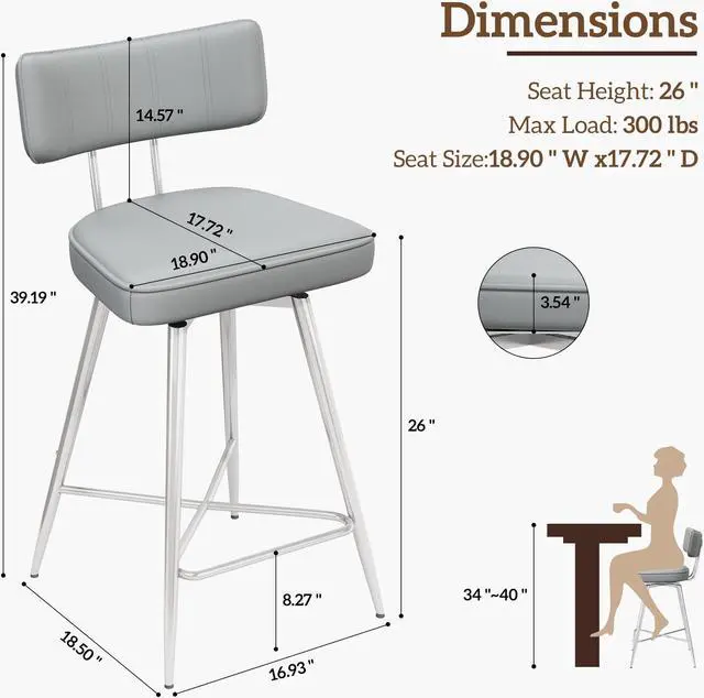 Alt view image 3 of 7 - Ninecer 26" Swivel Bar Stools Set of 2, Modern Counter Height Barstools, Pu Leather Kitchen Stools with Back Footrest Metal Legs, Bar Chairs for Kitchen Island, Cafes, Dining Room,Gray
