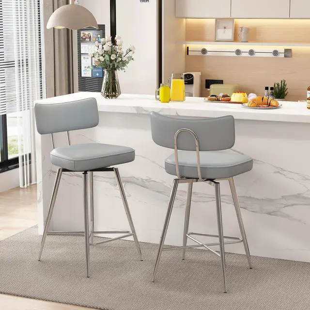 Main image of Ninecer 26" Swivel Bar Stools Set of 2, Modern Counter Height Barstools, Pu Leather Kitchen Stools with Back Footrest Metal Legs, Bar Chairs for Kitchen Island, Cafes, Dining Room,Gray