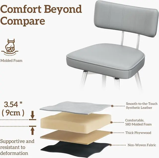 Alt view image 5 of 7 - Ninecer 26" Swivel Bar Stools Set of 2, Modern Counter Height Barstools, Pu Leather Kitchen Stools with Back Footrest Metal Legs, Bar Chairs for Kitchen Island, Cafes, Dining Room,Gray