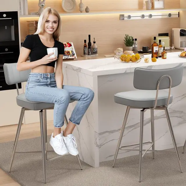 Alt view image 6 of 7 - Ninecer 26" Swivel Bar Stools Set of 2, Modern Counter Height Barstools, Pu Leather Kitchen Stools with Back Footrest Metal Legs, Bar Chairs for Kitchen Island, Cafes, Dining Room,Gray