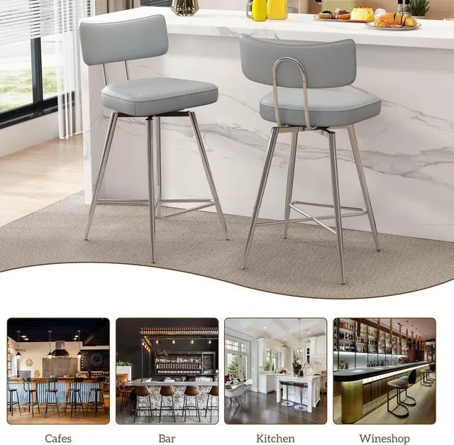 Alt view image 7 of 7 - Ninecer 26" Swivel Bar Stools Set of 2, Modern Counter Height Barstools, Pu Leather Kitchen Stools with Back Footrest Metal Legs, Bar Chairs for Kitchen Island, Cafes, Dining Room,Gray