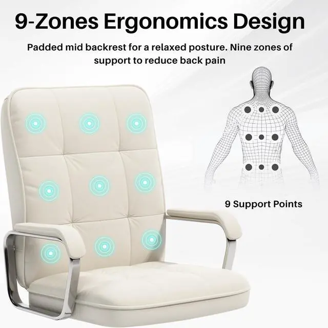 Alt view image 5 of 7 - Ninecer Office Chair with Arms, PU Leather Executive Office Chair, Mid Back Aesthetic Desk Chair with Wheels, Comfy Desk Chairs with Lumbar Support for Women Girls, White