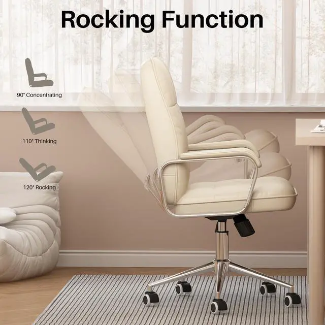 Alt view image 6 of 7 - Ninecer Office Chair with Arms, PU Leather Executive Office Chair, Mid Back Aesthetic Desk Chair with Wheels, Comfy Desk Chairs with Lumbar Support for Women Girls, White