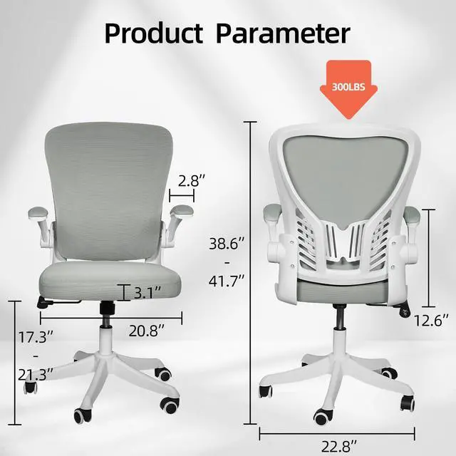 Alt view image 3 of 6 - Ninecer Desk Chairs with Wheels Computer Task Chair with Flip-up Armrest Ergonomic Mesh Office Chair with 300LBS Capacity Gray