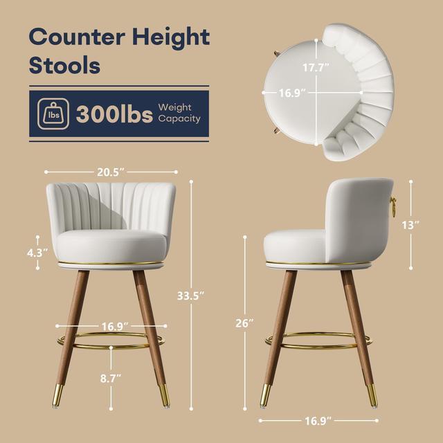 Alt view image 3 of 7 - Ninecer 26" Swivel Bar Stools Set of 2, Counter Height Bar Stools with Back, Leather Swivel Counter Stool with Wood Legs and Footrest, Upholstered Pub Stools White Bar Chairs Kitchen Island, 300lbs