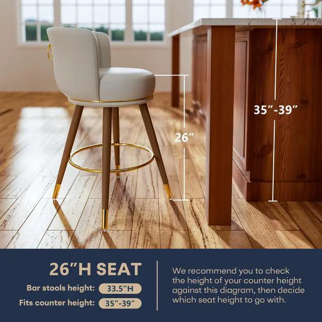 Alt view image 2 of 7 - Ninecer Counter Height Bar Stools Set of 4, Swivel Bar Stools with Back, 26" H Seat Height Upholstered Counter Stools with Wood Legs and Footrest, White Bar Chairs for Kitchen Island, 300lbs