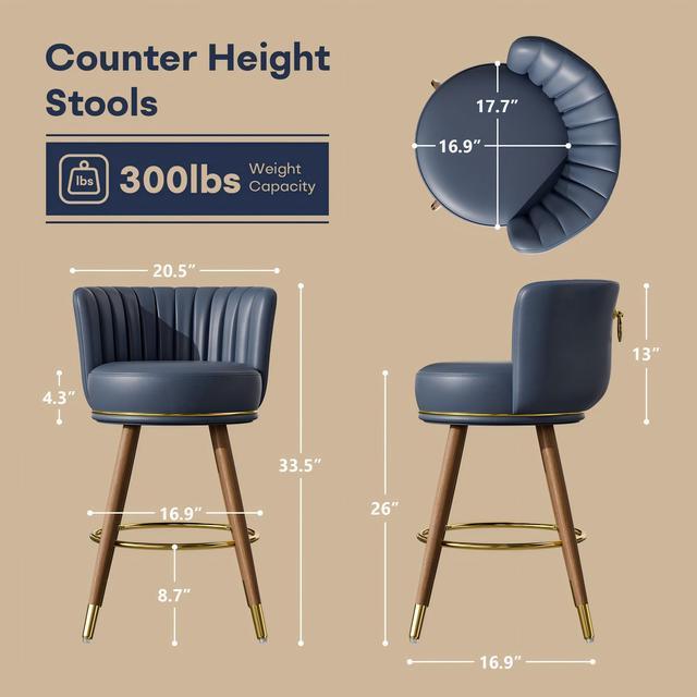 Alt view image 3 of 7 - Ninecer Counter Height Bar Stools Set of 4, Swivel Bar Stools with Back, 26" H Seat Height Upholstered Counter Stools with Wood Legs and Footrest, Bar Chairs for Kitchen Island, 300lbs Blue
