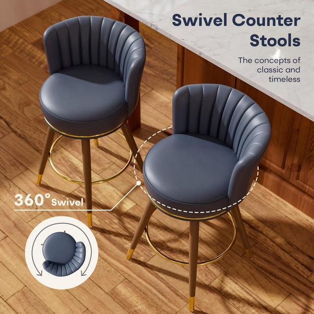 Alt view image 6 of 7 - Ninecer Counter Height Bar Stools Set of 4, Swivel Bar Stools with Back, 26" H Seat Height Upholstered Counter Stools with Wood Legs and Footrest, Bar Chairs for Kitchen Island, 300lbs Blue