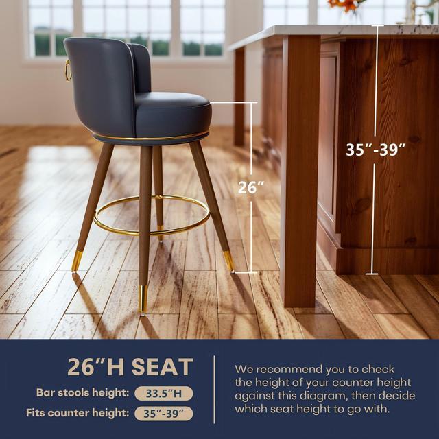 Alt view image 2 of 7 - Ninecer Counter Height Bar Stools Set of 4, Swivel Bar Stools with Back, 26" H Seat Height Upholstered Counter Stools with Wood Legs and Footrest, Bar Chairs for Kitchen Island, 300lbs Blue