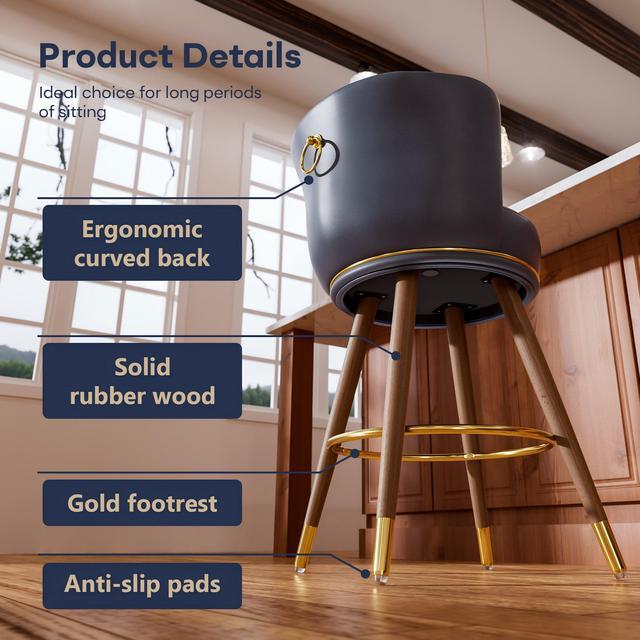 Alt view image 4 of 7 - Ninecer Counter Height Bar Stools Set of 4, Swivel Bar Stools with Back, 26" H Seat Height Upholstered Counter Stools with Wood Legs and Footrest, Bar Chairs for Kitchen Island, 300lbs Blue