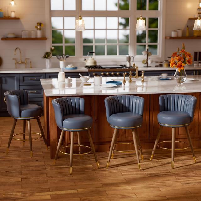 Main image of Ninecer Counter Height Bar Stools Set of 4, Swivel Bar Stools with Back, 26" H Seat Height Upholstered Counter Stools with Wood Legs and Footrest, Bar Chairs for Kitchen Island, 300lbs Blue