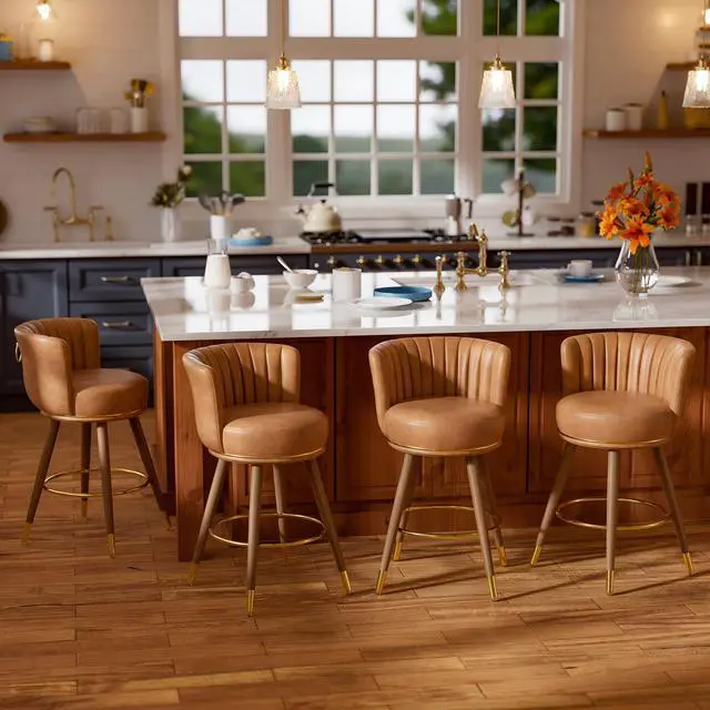 Main image of Ninecer Counter Height Bar Stools Set of 4, Swivel Bar Stools with Back, 26" H Seat Height Upholstered Counter Stools with Wood Legs and Footrest, Bar Chairs for Kitchen Island, 300lbs Brown