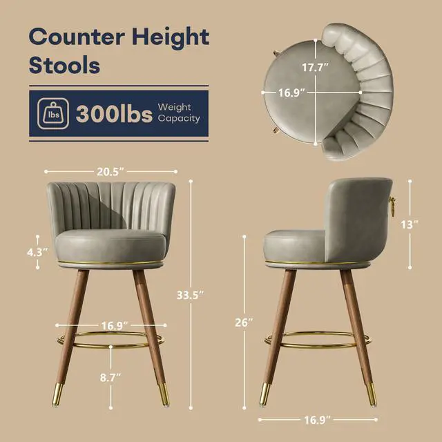 Alt view image 3 of 7 - Ninecer Counter Height Bar Stools Set of 4, Swivel Bar Stools with Back, 26" H Seat Height Upholstered Counter Stools with Wood Legs and Footrest, Bar Chairs for Kitchen Island, 300lbs Grey