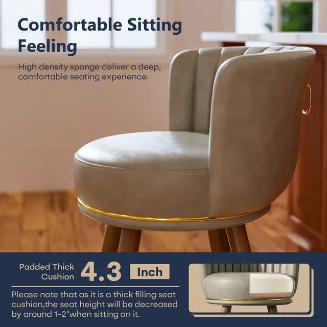 Alt view image 7 of 7 - Ninecer Counter Height Bar Stools Set of 4, Swivel Bar Stools with Back, 26" H Seat Height Upholstered Counter Stools with Wood Legs and Footrest, Bar Chairs for Kitchen Island, 300lbs Grey