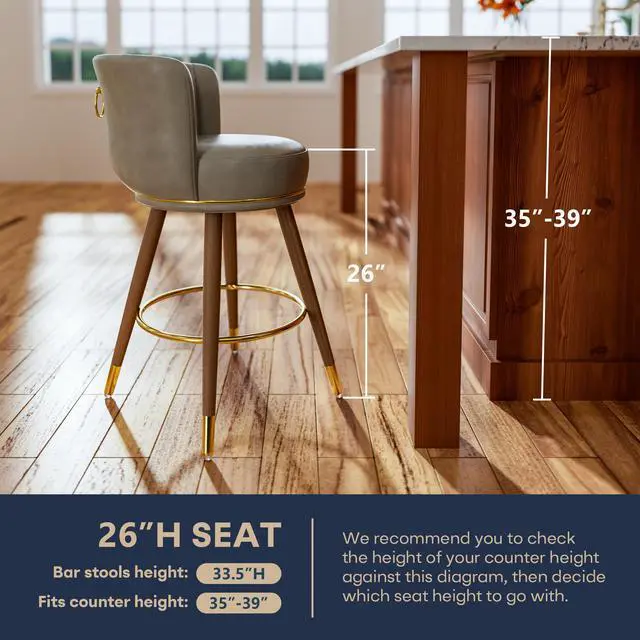 Alt view image 2 of 7 - Ninecer Counter Height Bar Stools Set of 4, Swivel Bar Stools with Back, 26" H Seat Height Upholstered Counter Stools with Wood Legs and Footrest, Bar Chairs for Kitchen Island, 300lbs Grey