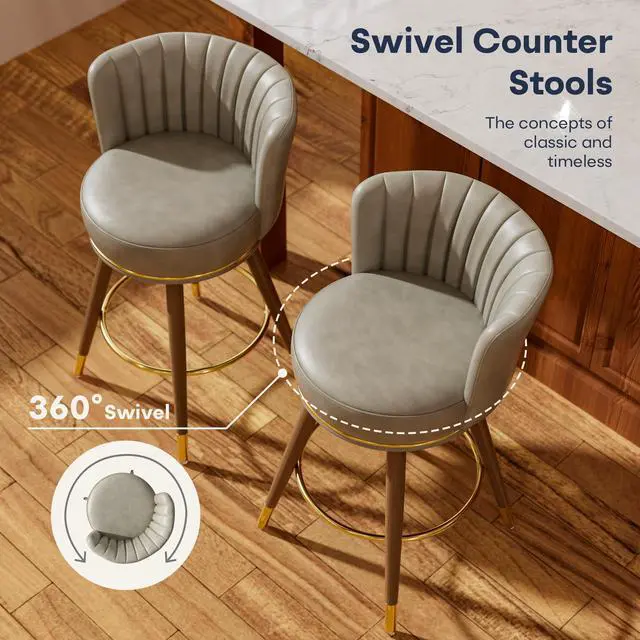 Alt view image 6 of 7 - Ninecer Counter Height Bar Stools Set of 4, Swivel Bar Stools with Back, 26" H Seat Height Upholstered Counter Stools with Wood Legs and Footrest, Bar Chairs for Kitchen Island, 300lbs Grey