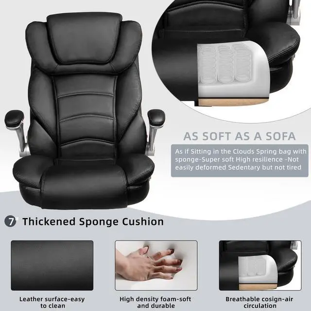 Alt view image 4 of 7 - Ninecer Big and Tall Office Chair 400lb Wide Seat, High Back Leather Executive Office Chair with Flip-up Arms, Ergonomic Computer Desk Chairs for Home Office, Black