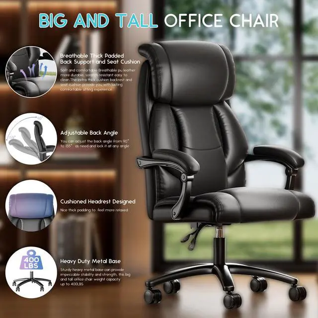 Alt view image 3 of 7 - Ninecer Reclining Office Chair, High Back Executive Office Chair 400lbs, Leather Home Office Desk Chairs with Lumbar Support, Ergonomic Computer Comfy Desk Chair, Swivel Task Chairs with Wheels, Black