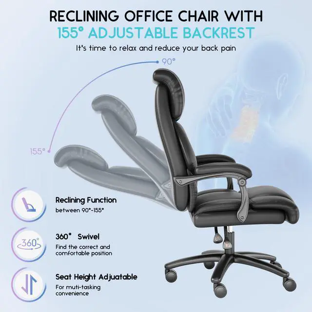 Alt view image 6 of 7 - Ninecer Reclining Office Chair, High Back Executive Office Chair 400lbs, Leather Home Office Desk Chairs with Lumbar Support, Ergonomic Computer Comfy Desk Chair, Swivel Task Chairs with Wheels, Black
