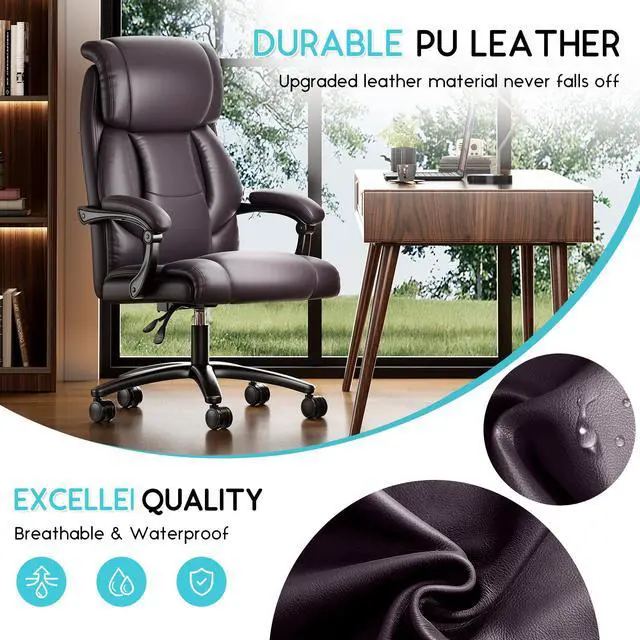 Alt view image 3 of 6 - Ninecer Reclining Office Chair, High Back Executive Office Chair 400lbs, Leather Home Office Desk Chairs with Lumbar Support, Ergonomic Computer Comfy Desk Chair, Swivel Task Chairs with Wheels, Brown