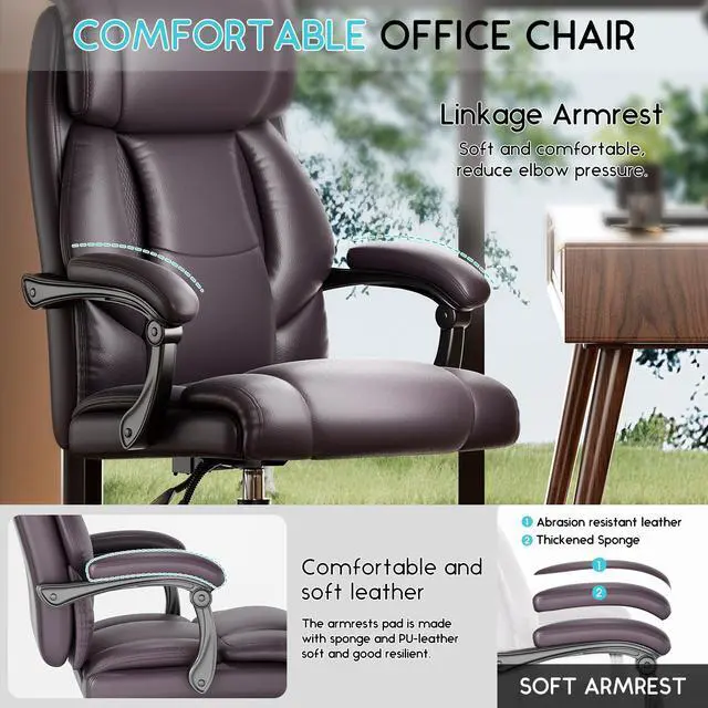 Alt view image 4 of 6 - Ninecer Reclining Office Chair, High Back Executive Office Chair 400lbs, Leather Home Office Desk Chairs with Lumbar Support, Ergonomic Computer Comfy Desk Chair, Swivel Task Chairs with Wheels, Brown