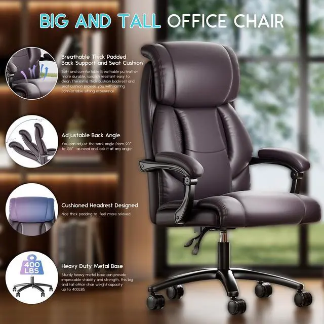 Alt view image 5 of 6 - Ninecer Reclining Office Chair, High Back Executive Office Chair 400lbs, Leather Home Office Desk Chairs with Lumbar Support, Ergonomic Computer Comfy Desk Chair, Swivel Task Chairs with Wheels, Brown