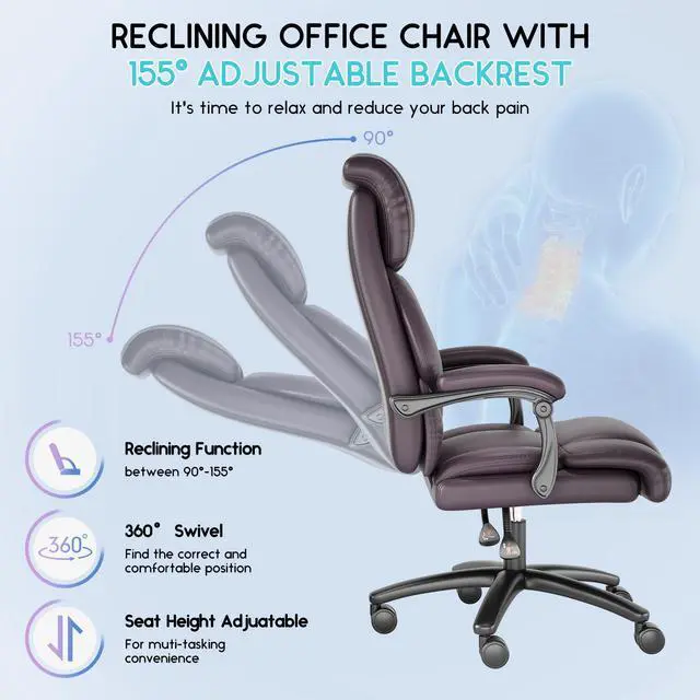 Alt view image 6 of 6 - Ninecer Reclining Office Chair, High Back Executive Office Chair 400lbs, Leather Home Office Desk Chairs with Lumbar Support, Ergonomic Computer Comfy Desk Chair, Swivel Task Chairs with Wheels, Brown