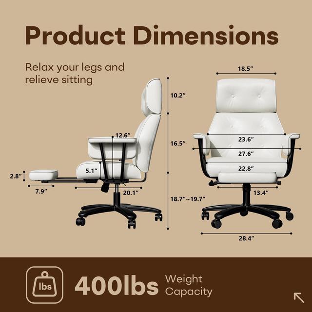 Alt view image 3 of 6 - Ninecer Reclining Office Chair with Footrest, Big and Tall Office Chair 400lbs Wide Seat, Leather High Back Executive Office Chair, Ergonomic Vintage Desk Chair, Heavy Duty Computer Chair White