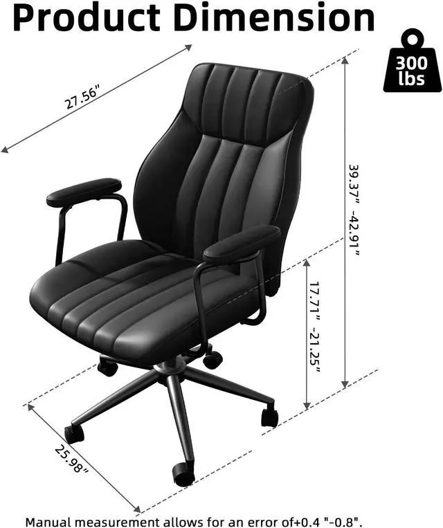 Alt view image 2 of 7 - Ninecer Leather Desk Chair, Vintage Desk Chair with Wheels and Arms, Height Adjustable Mid Century Modern Desk Chair, Black