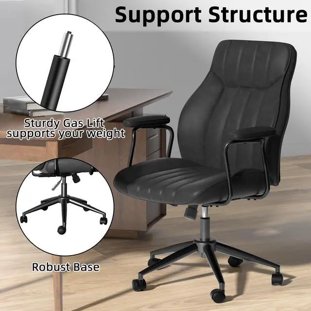 Alt view image 3 of 7 - Ninecer Leather Desk Chair, Vintage Desk Chair with Wheels and Arms, Height Adjustable Mid Century Modern Desk Chair, Black