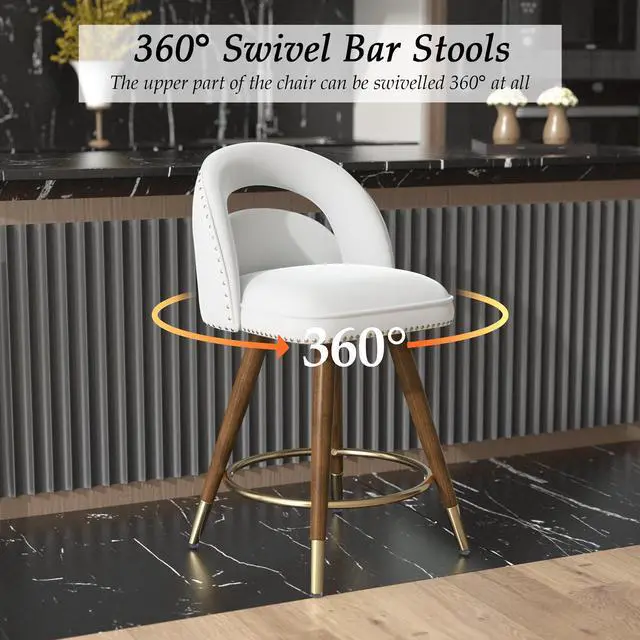 Alt view image 4 of 6 - Ninecer Counter Height Bar Stools Set of 2, 24 Inch Swivel Bar Stools with Backs&Solid Wood Legs, Upholstered Barstools, Velvet Counter Stools for Kitchen Island White