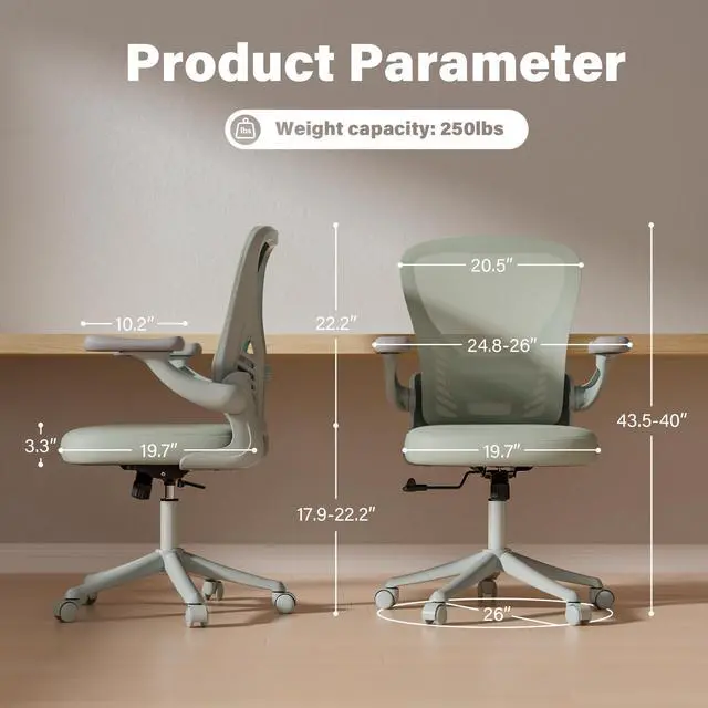 Alt view image 2 of 6 - Ninecer Computer Desk Chair, Middle Back Ergomomic Office Chair with 3D Armrests, Comfy Mesh Office Chair with Adjustable Lumbar Support, Wide Seat Swivel Home Office Chair, Grey