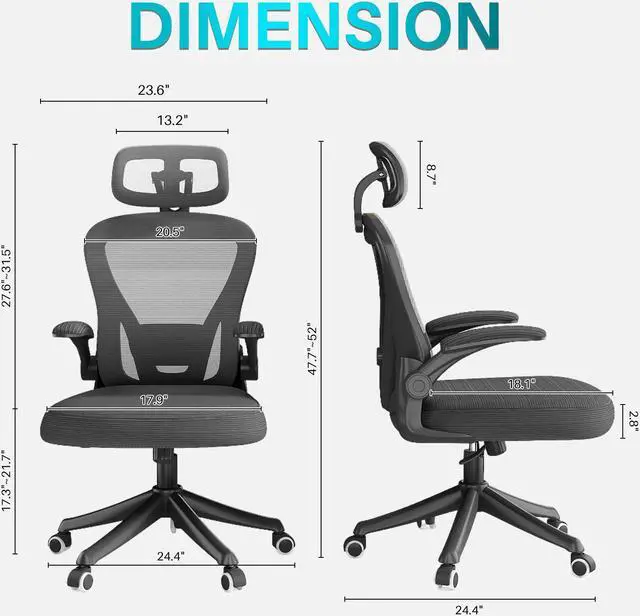Alt view image 2 of 6 - Ninecer Ergonomic Office Chair, High Back Computer Desk Chair with Wheels, Comfy Mesh Office Chair with Adjustable Lumbar Support & Headrest, Black Swivel Executive Managerial Task Chair