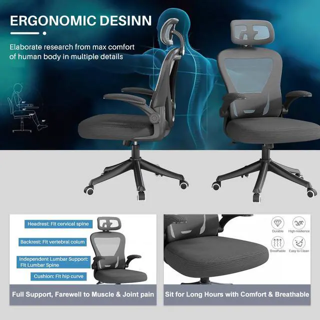 Alt view image 3 of 6 - Ninecer Ergonomic Office Chair, High Back Computer Desk Chair with Wheels, Comfy Mesh Office Chair with Adjustable Lumbar Support & Headrest, Black Swivel Executive Managerial Task Chair